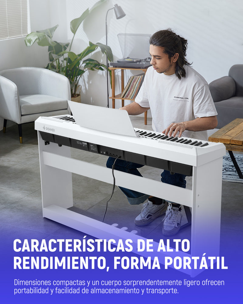 Donner DEP-20 Blanco Piano digital para principiantes Teclado contrapesado de 88 teclas con soporte para muebles + 3 pedales