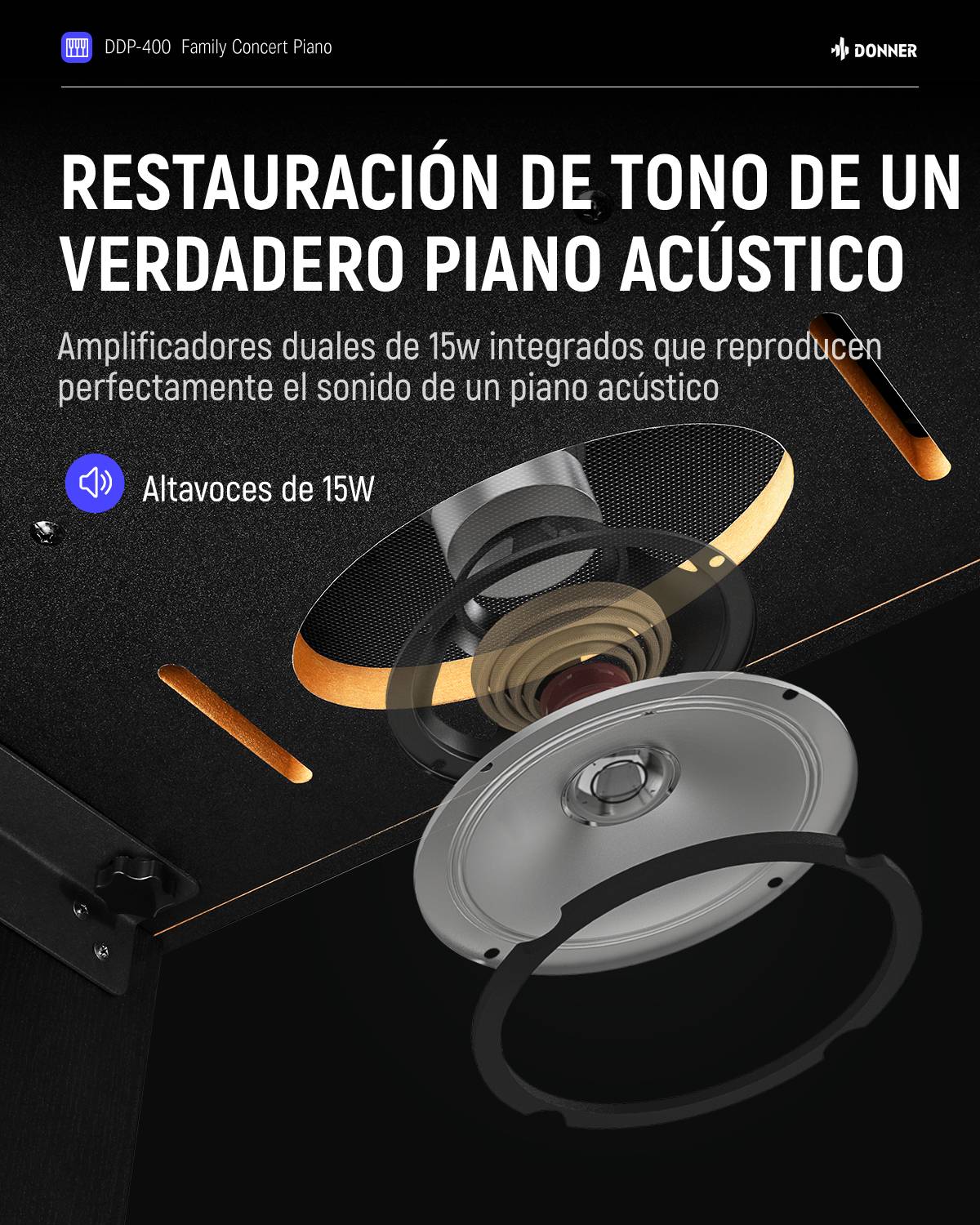 Donner DDP-400 Piano digital de 88 teclas ponderadas con acción de martillo progresivo, soporte de mueble y 3 pedales para profesionales