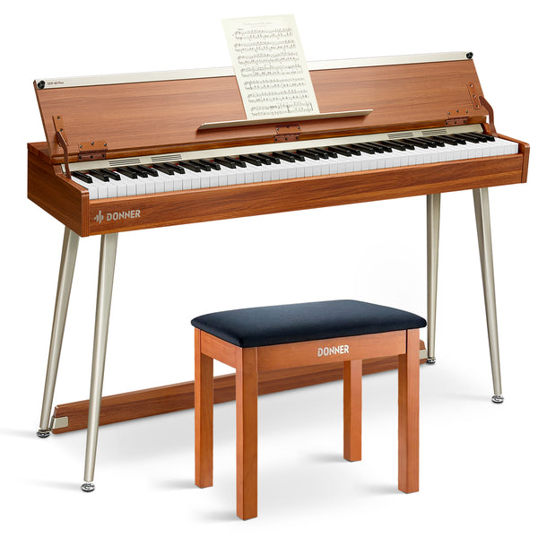 Donner DDP-80 PLUS Piano vertical digital de madera contrapesado de 88 teclas con tapa de 3 pedales  + banco de madera