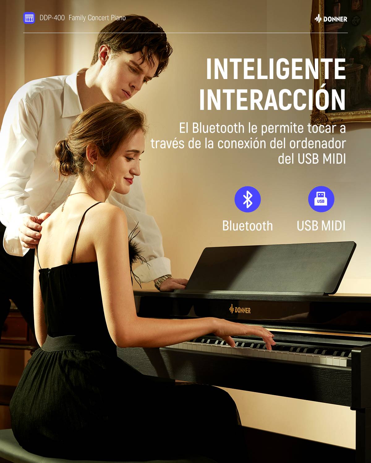 Donner DDP-400 Piano digital de 88 teclas ponderadas con acción de martillo progresivo, soporte de mueble y 3 pedales para profesionales