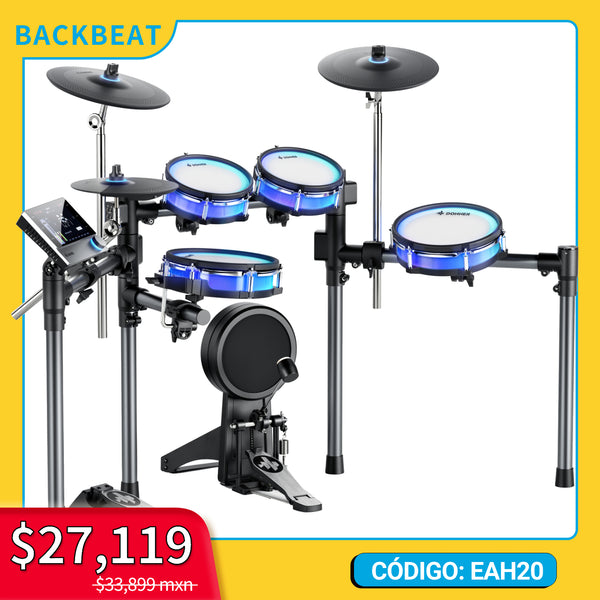 Donner Backbeat Tambor eléctrico inteligente, 5 tambores y 3 platillos y Se pueden cambiar los colores de las luces