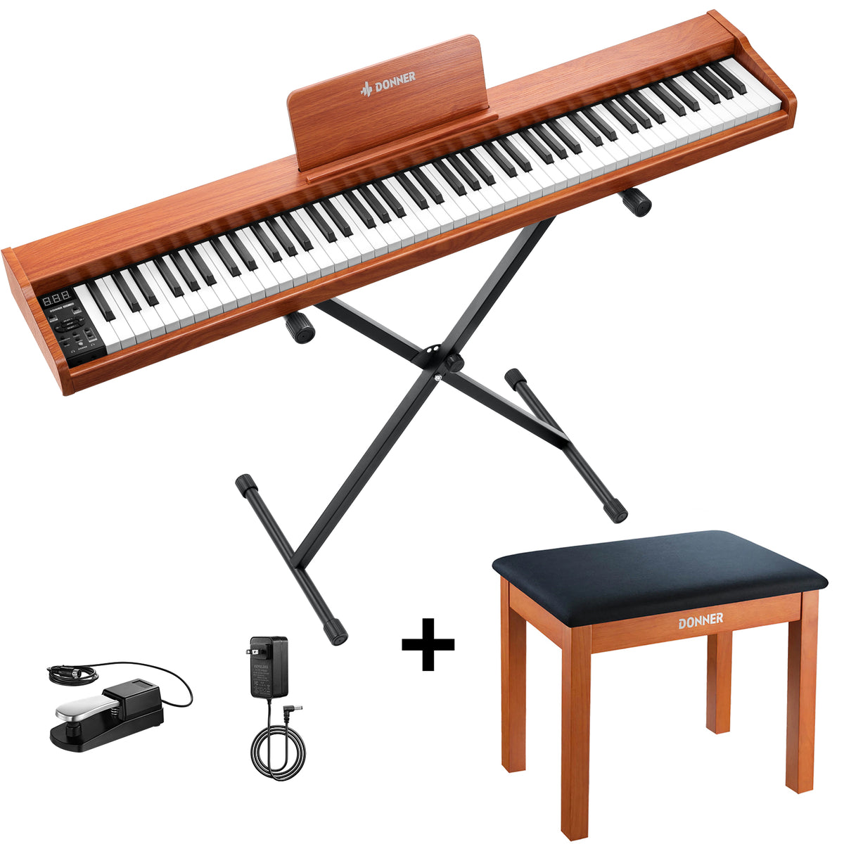 DEP-1S con Soporte / Piano Digital Semicontrapesado Estilo Madera – Donner
