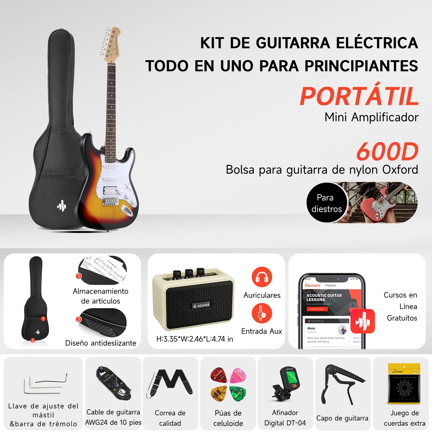 Donner DST-100 Guitarra Eléctrica Tamaño Completo con Amplificador/Bolsa/Afinador Digital/Capo/Tahalí/Cuerdas/Cable/Púas-Sunburst##