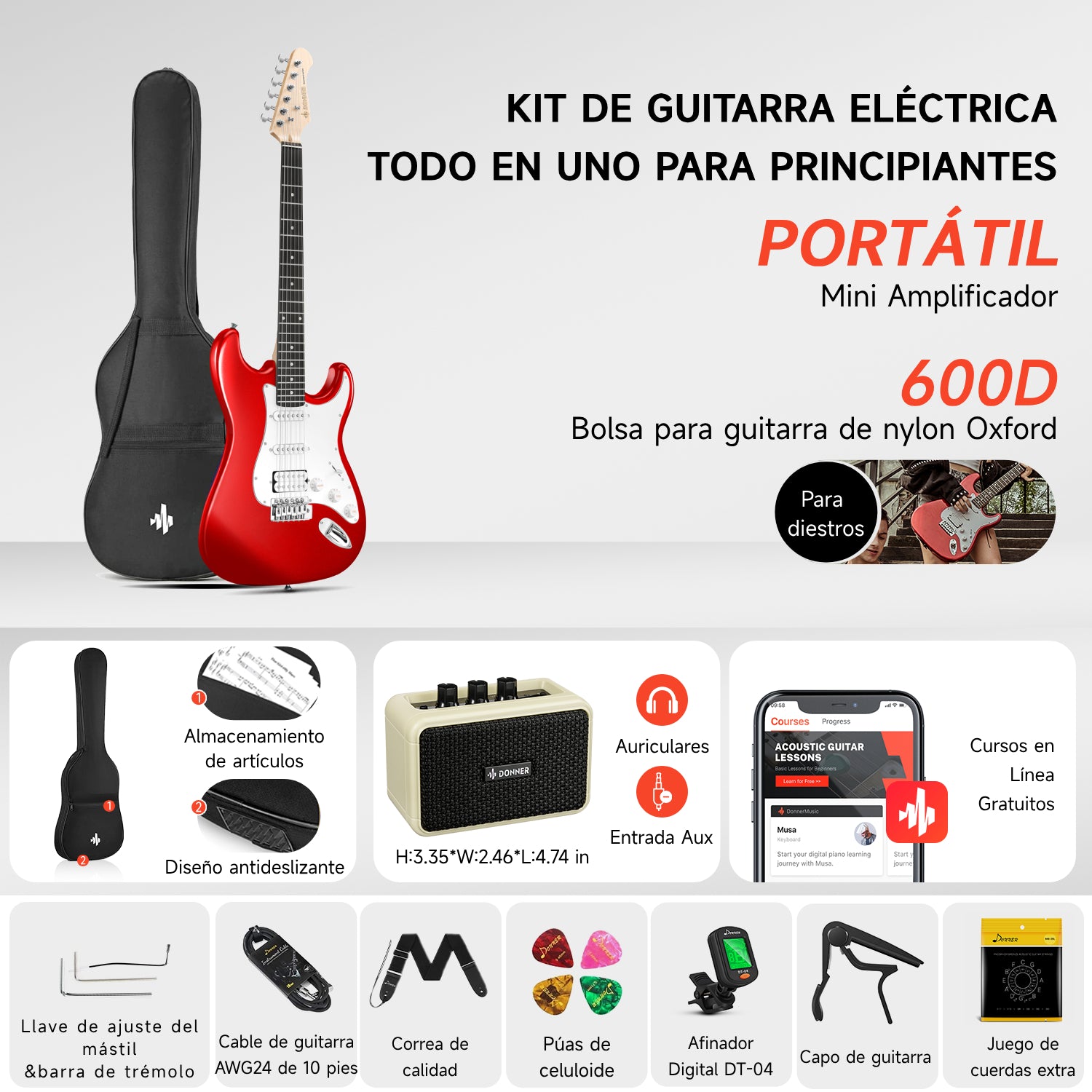 Donner DST-100 Guitarra Eléctrica Tamaño Completo con Amplificador/Bolsa/Afinador Digital/Capo/Tahalí/Cuerdas/Cable/Púas-Roja##