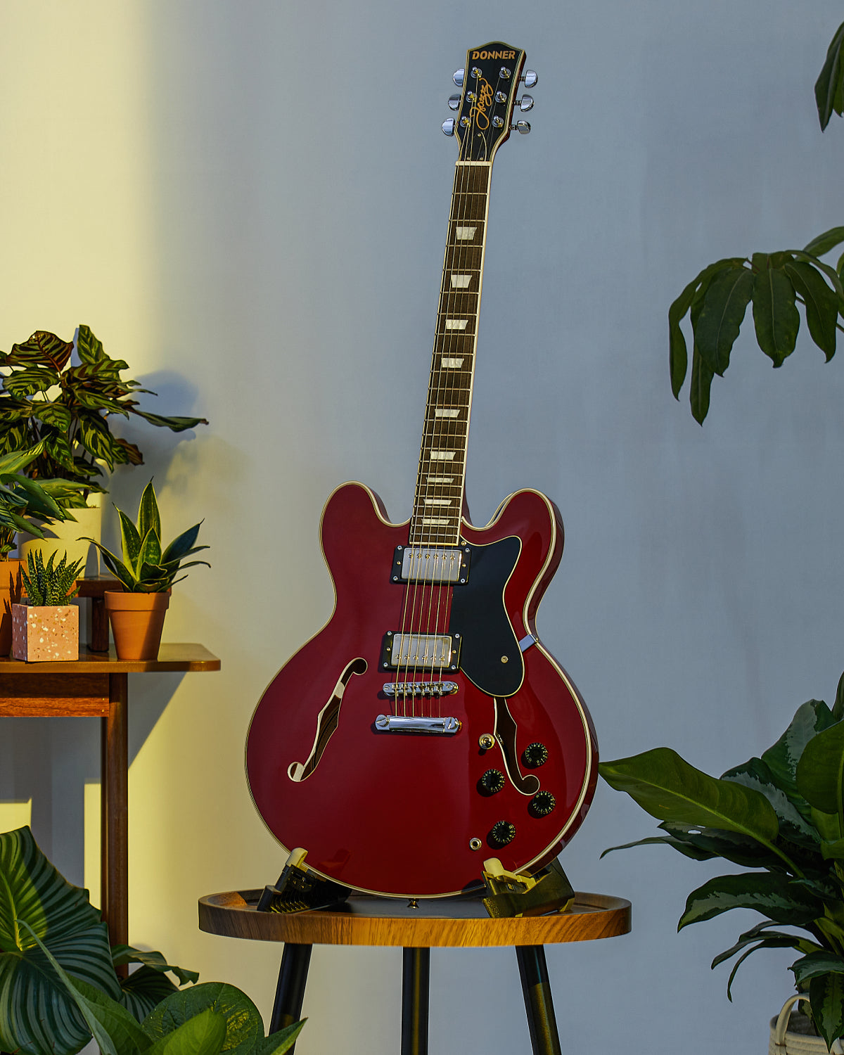 Donner DJP-1000 Guitarra Eléctrica Semi Hueca, Dos Pastillas H, Guitarra Eléctrica Estilo Jazz con Bolsa, Cable y Tahalí.