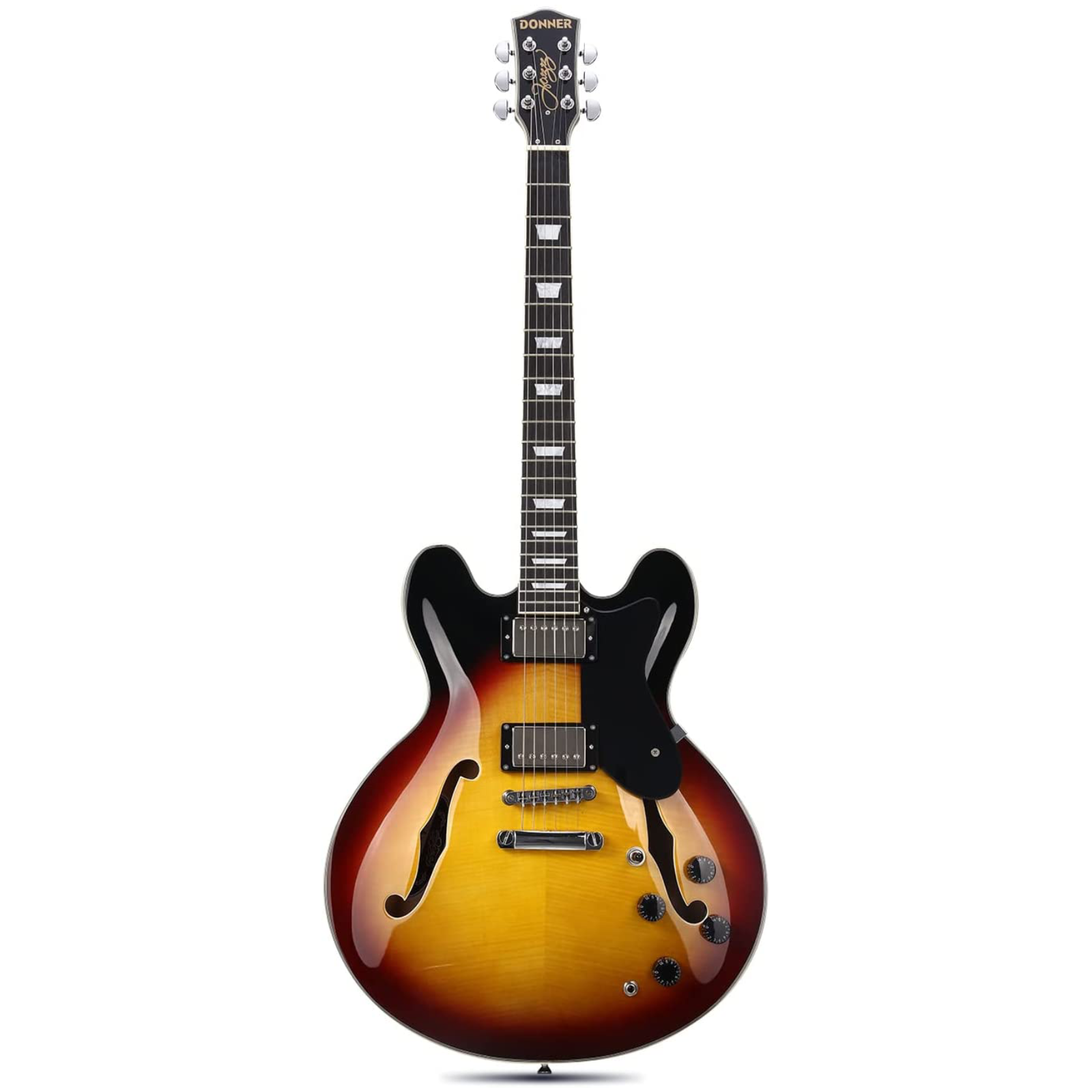 Donner DJP-1000 Guitarra Eléctrica Semi Hueca, Dos Pastillas H, Guitarra Eléctrica Estilo Jazz con Bolsa, Cable y Tahalí.