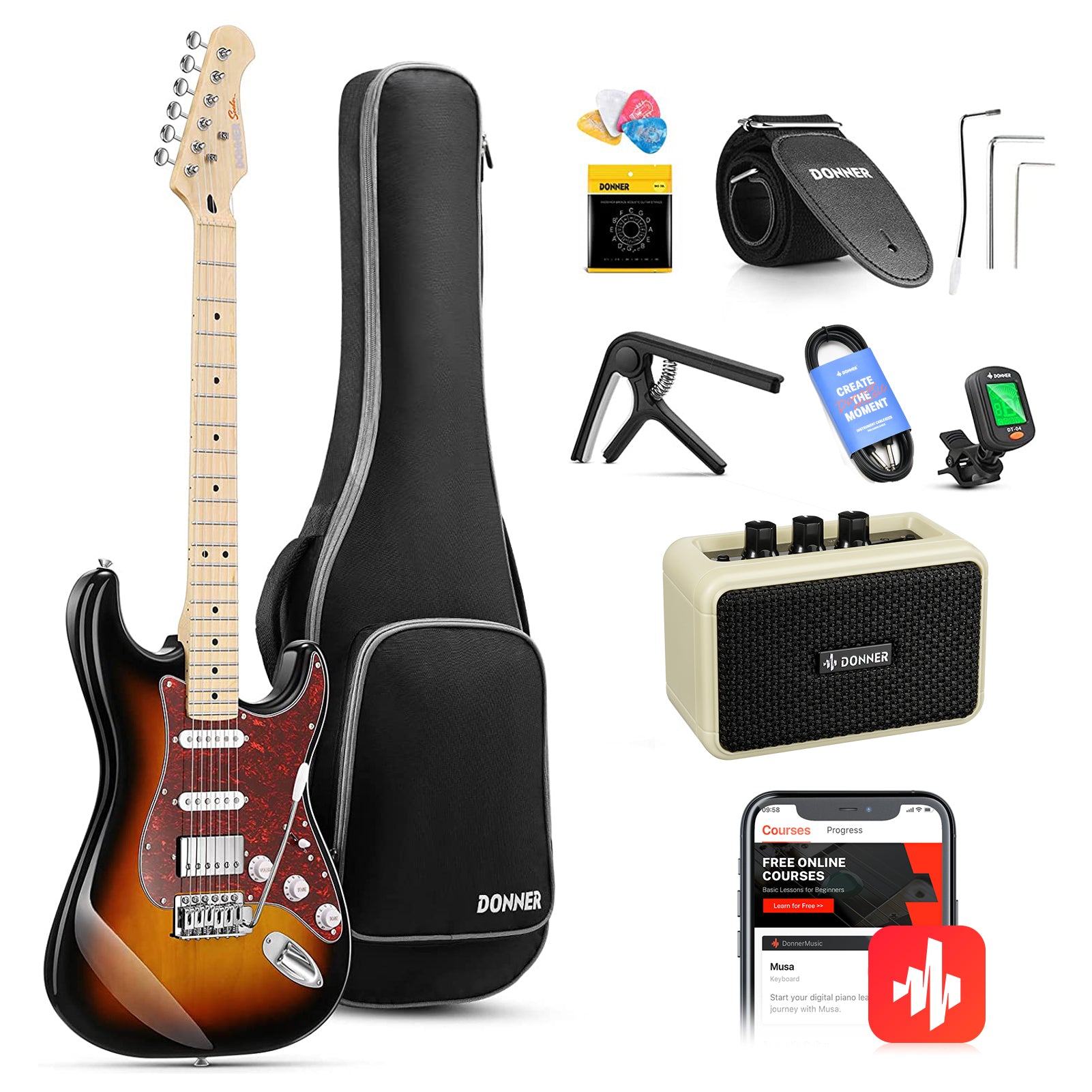 Donner DST-152 Guitarra Eléctrica de Tamaño Completo de 39 pulgadas, Pastillas HSS, Kit con Amplificador para Principiante