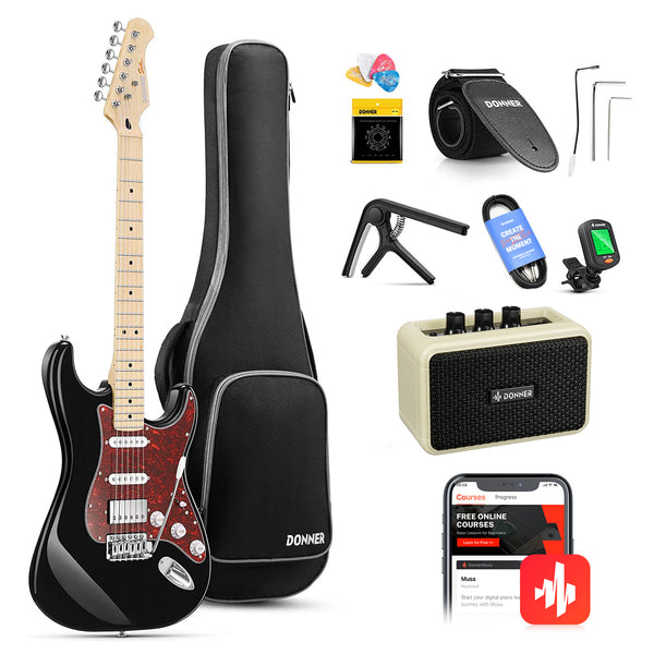 Guitarra eléctrica Donner, modelo DST-152B, kit de guitarra eléctrica de 39" con pastilla HSS de división de bobina, cuerpo sólido, incluye amplificador, funda, accesorios y es de color negro.