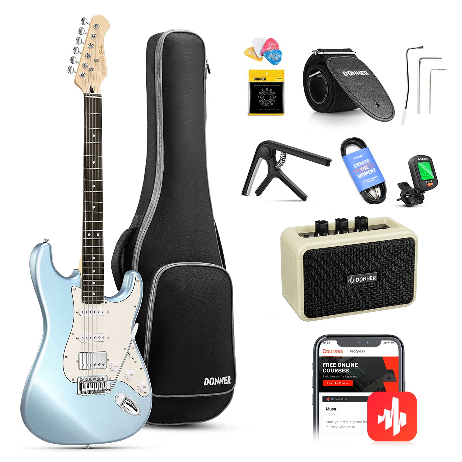 Donner DST-152 Guitarra Eléctrica de Tamaño Completo de 39 pulgadas, Pastillas HSS, Kit con Amplificador para Principiante