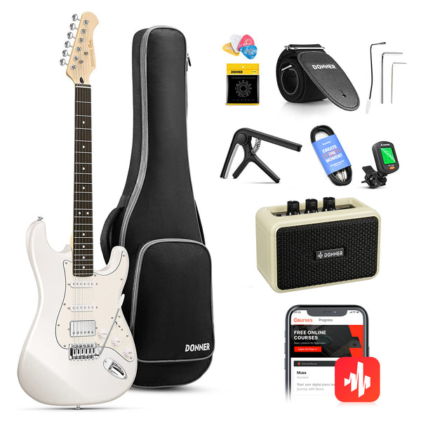 Donner Guitarra eléctrica modelo DST-152W, kit de inicio de guitarra eléctrica de 39" con pastilla HSS de división de bobina, incluye amplificador, funda, accesorios y es de color blanco polar