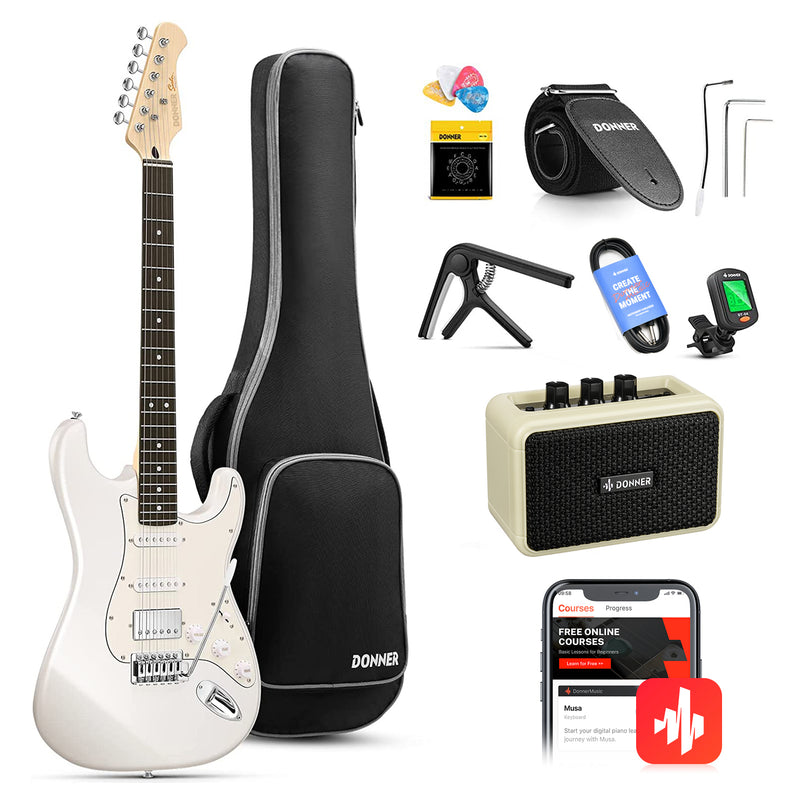 Donner Guitarra eléctrica modelo DST-152W, kit de inicio de guitarra eléctrica de 39" con pastilla HSS de división de bobina, incluye amplificador, funda, accesorios y es de color blanco polar