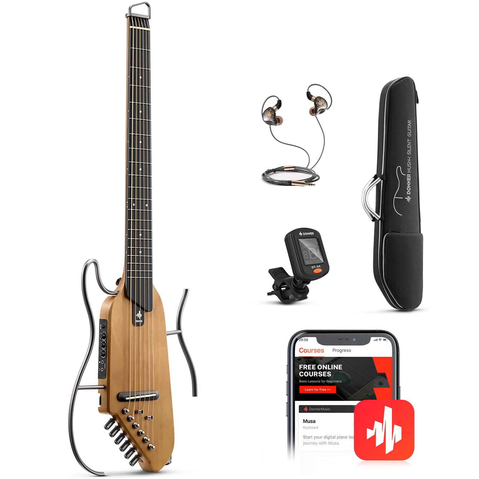 Donner HUSH I Guitarra de viaje, guitarra silenciosa sin cabeza, guitarra acústica eléctrica ultraligera con marcos desmontables