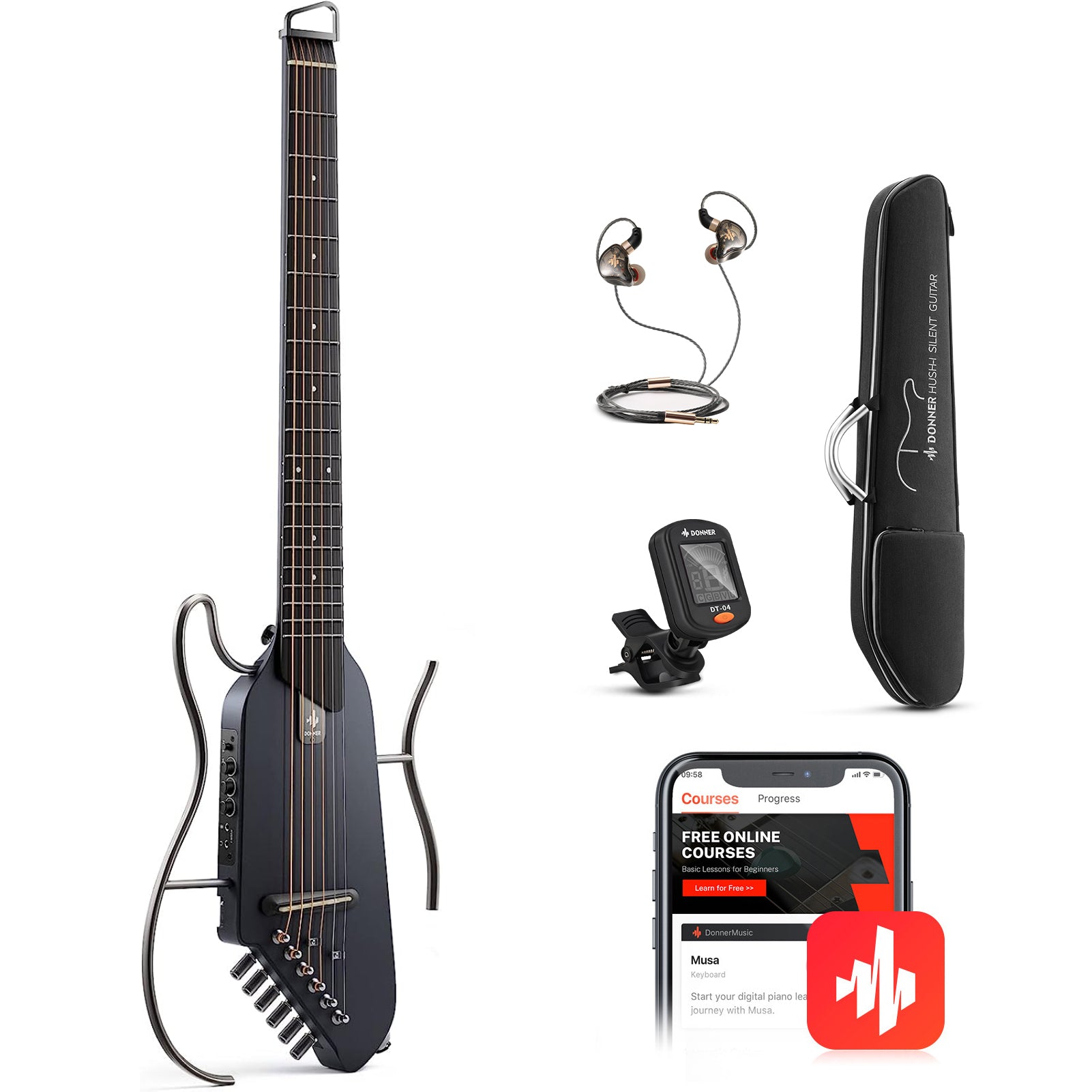 Donner HUSH I Guitarra de viaje, guitarra silenciosa sin cabeza, guitarra acústica eléctrica ultraligera con marcos desmontables