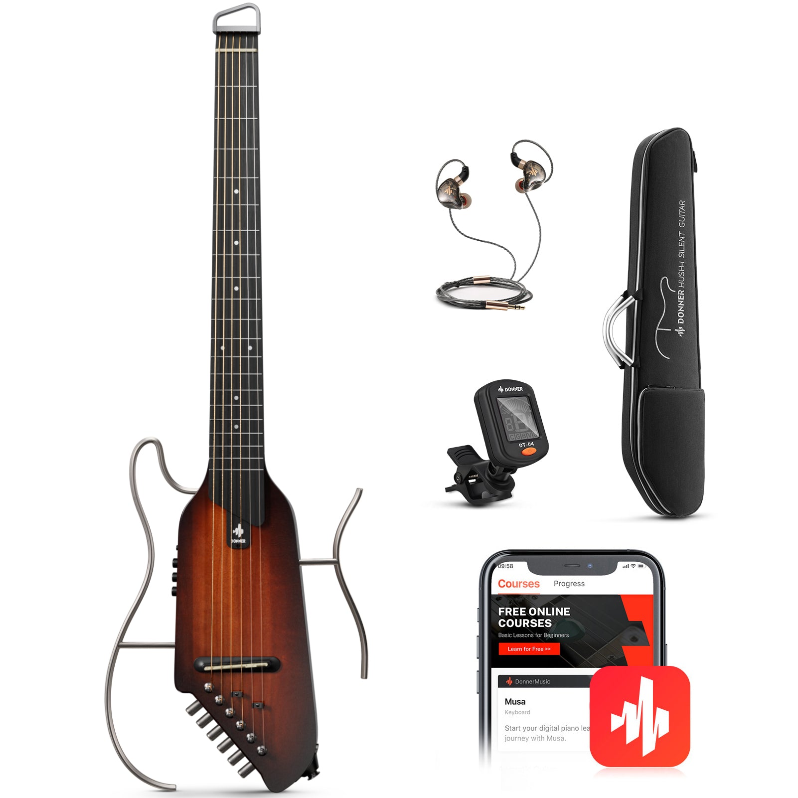 Donner HUSH I Guitarra de viaje, guitarra silenciosa sin cabeza, guitarra acústica eléctrica ultraligera con marcos desmontables