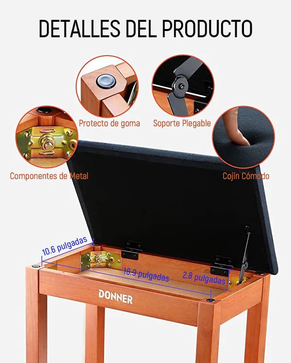 Donner Banco para piano de madera maciza con almacenaje Color madera