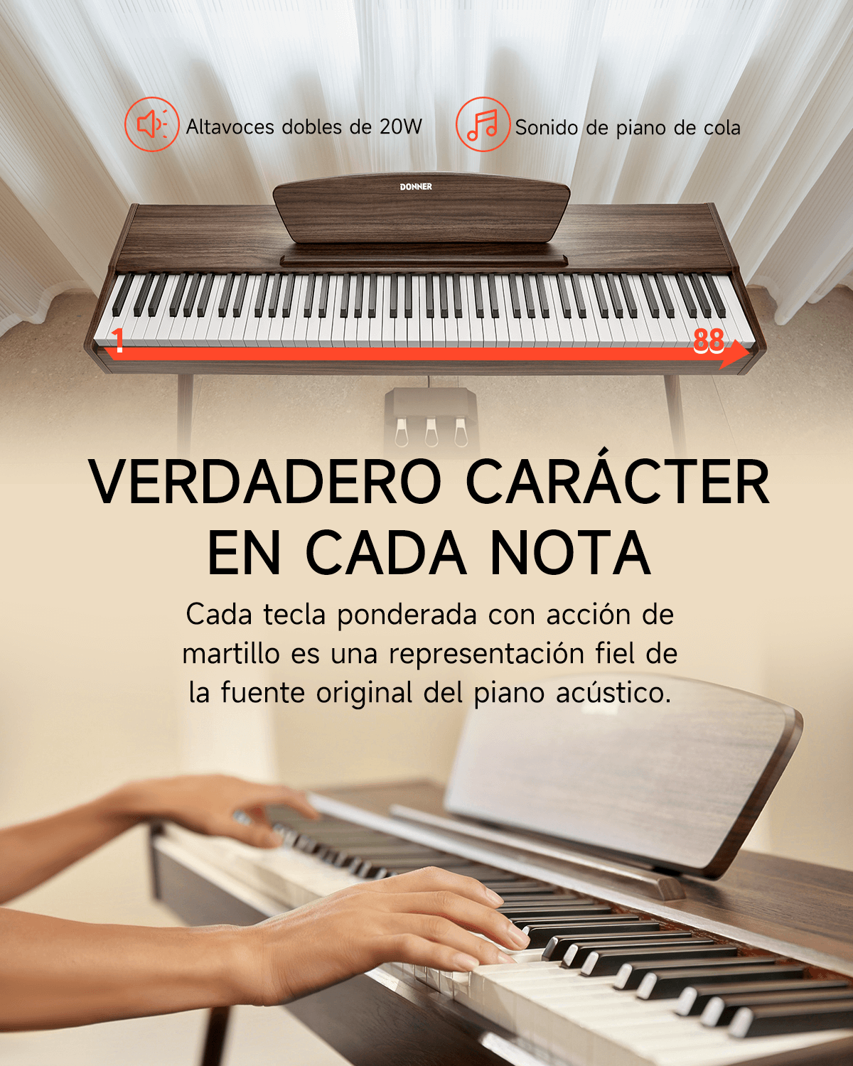 Donner DDP-80 Piano Digital 88 Teclas Teclado Contrapesado, Color Madera de Nogal donnermusic mexico