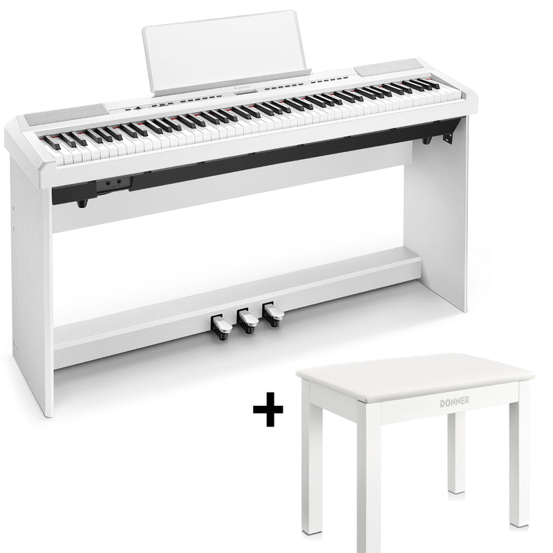 Donner DEP-20 Blanco Piano digital para principiantes Teclado contrapesado de 88 teclas con soporte para muebles + 3 pedales