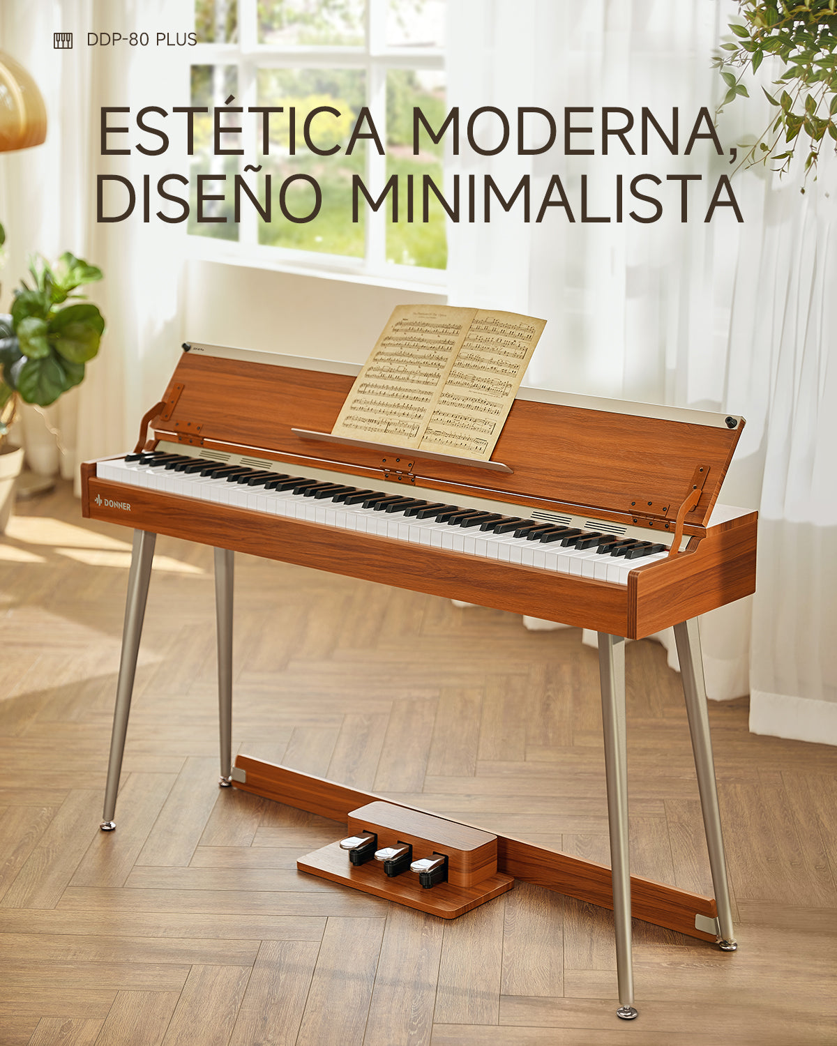 Donner DDP-80 PLUS Piano vertical digital de madera contrapesado de 88 teclas con tapa de 3 pedales