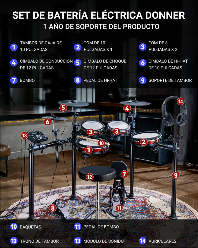 Donner DED-200 MAX Set de batería electrónica de 5 tambores y 3 platillos con trono de batería/auriculares