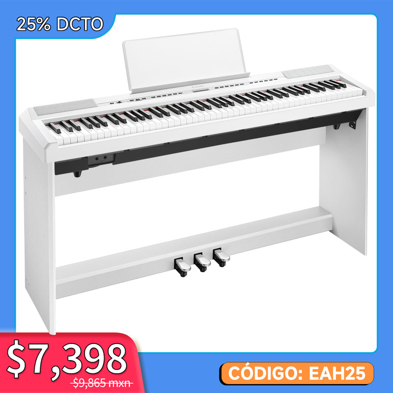 Donner DEP-20 Blanco Piano digital para principiantes Teclado contrapesado de 88 teclas con soporte para muebles + 3 pedales