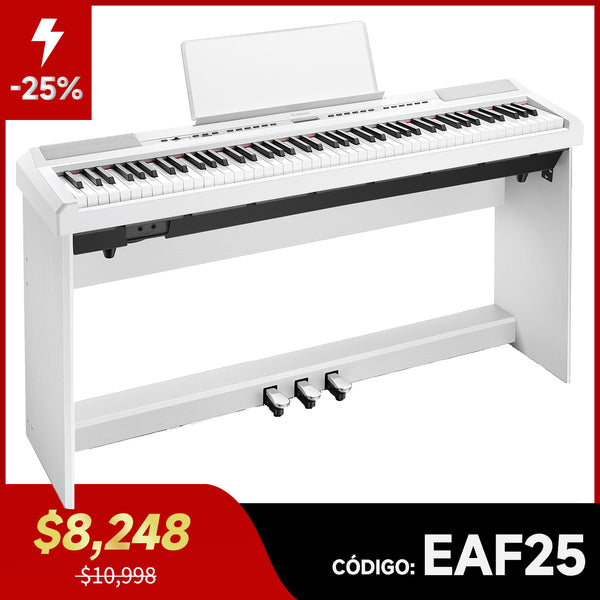 Donner DEP-20 Blanco Piano digital para principiantes Teclado contrapesado de 88 teclas con soporte para muebles + 3 pedales