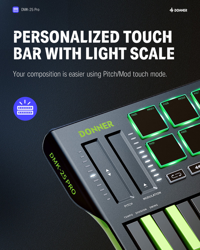 Donner DMK-25 PRO Controlador MIDI con Touch Bar Personalizada, Software de Producción Musical Gratis/40 Cursos Gratis, Negro