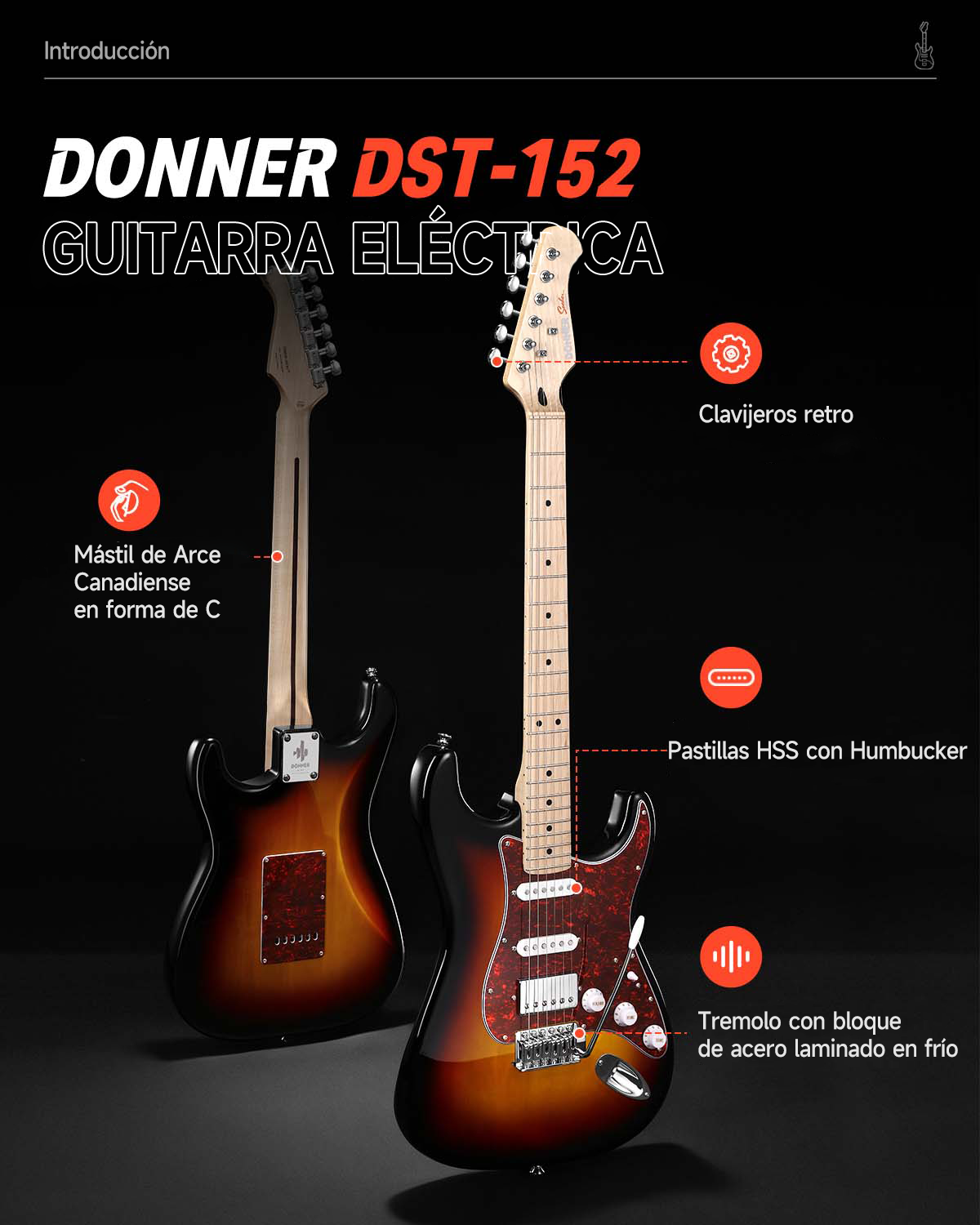 Donner DST-152 Guitarra Eléctrica de Tamaño Completo de 39 pulgadas, Pastillas HSS, Kit con Amplificador para Principiante