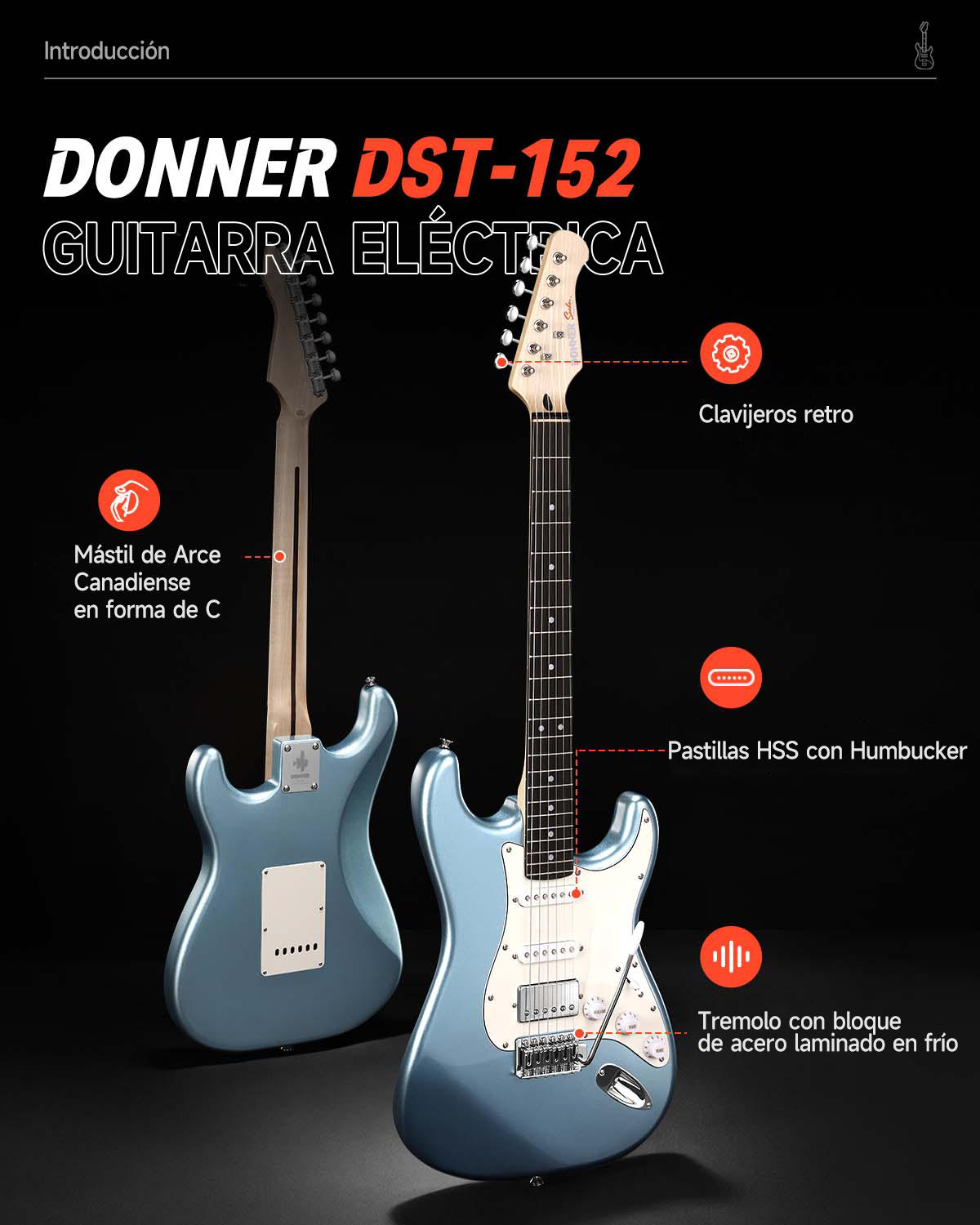 Donner DST-152 Guitarra Eléctrica de Tamaño Completo de 39 pulgadas, Pastillas HSS, Kit con Amplificador para Principiante