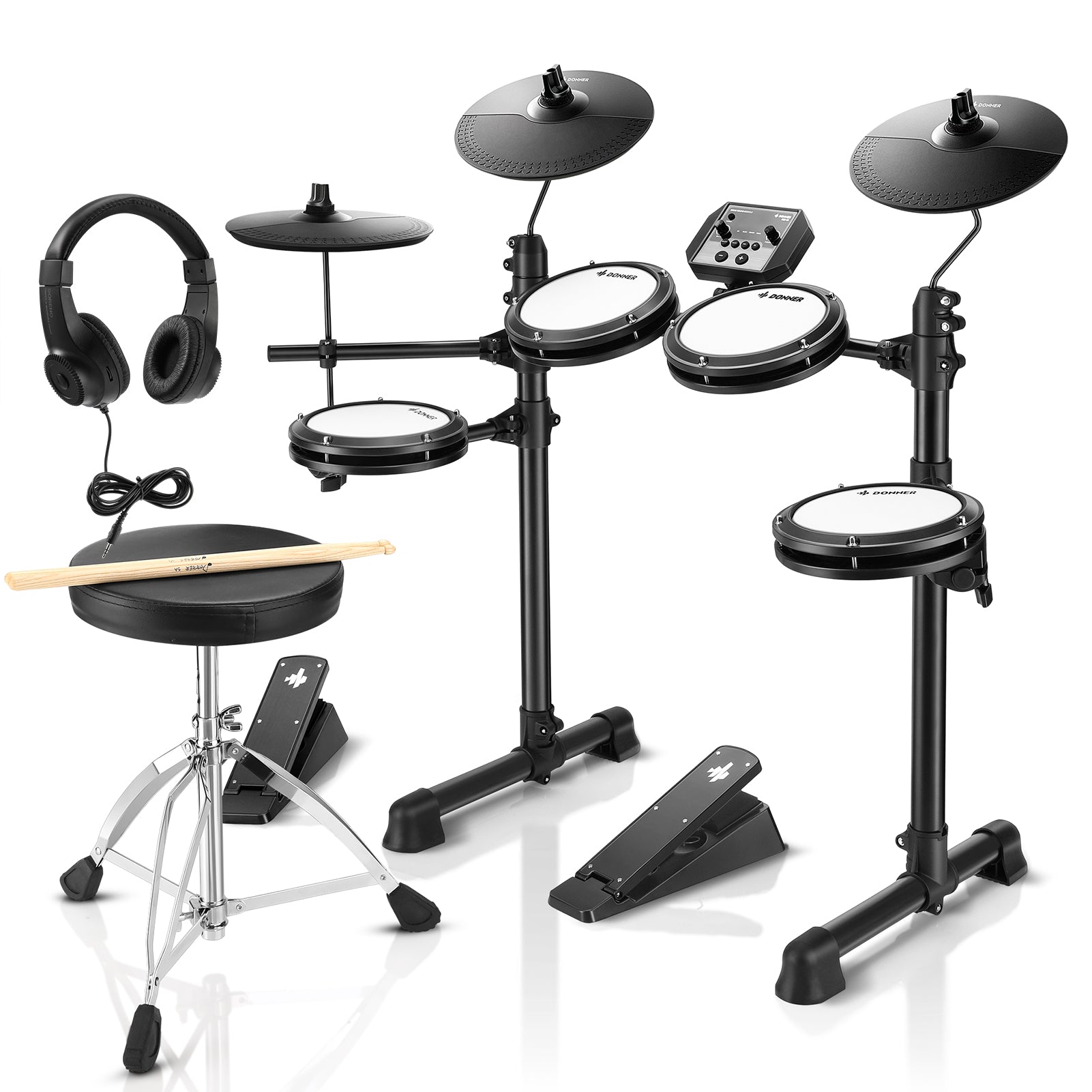 Donner DED-80 Kit de Batería Electrónica para principiantes con 180 sonidos, con parche silencioso y pedales de uso rudo, incluye banco, baquetas y audífonos, ligero y portátil