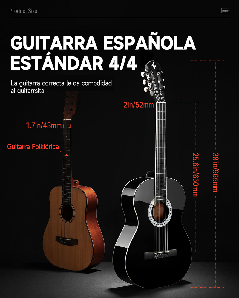 Donner DCG-162D Guitarra clásica de 39 pulgadas, tamaño completo, guitarra acústica negra, kit de paquete para principiantes, abeto, caoba, con estuche de conciertos, reposapiés, adultos y jóvenes