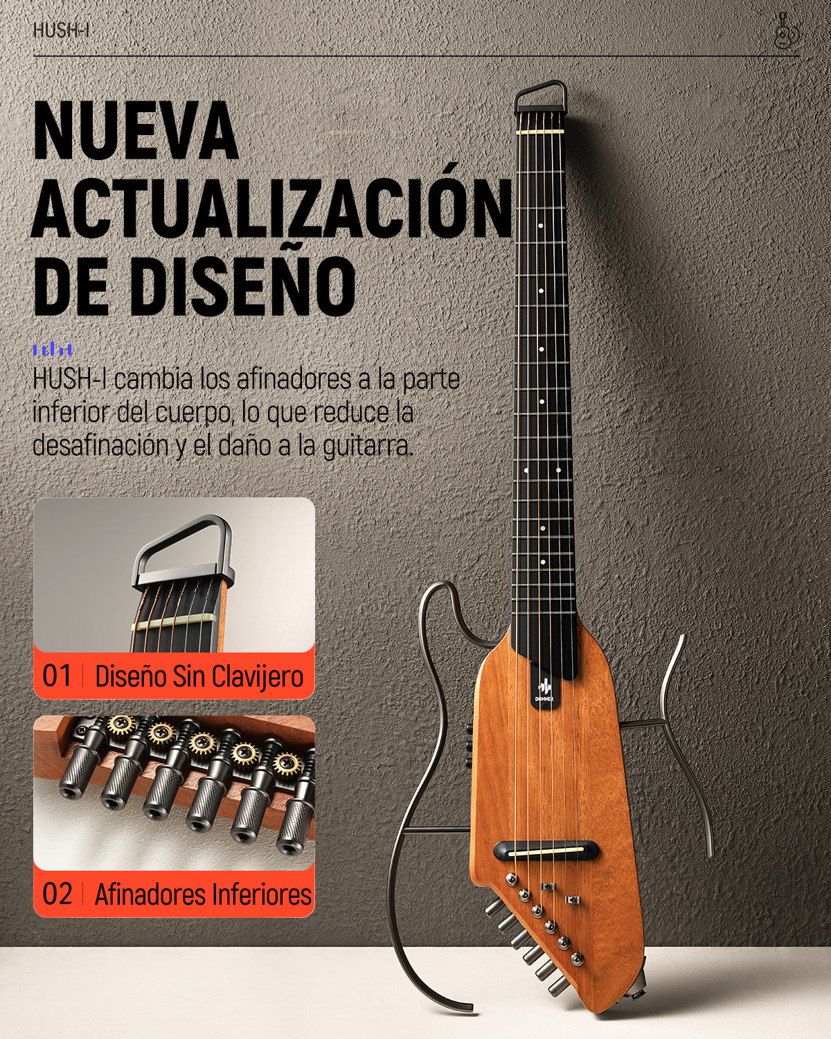 Donner HUSH-I Guitarra de viaje, guitarra silenciosa sin cabeza, guitarra acústica eléctrica ultraligera con marcos desmontables