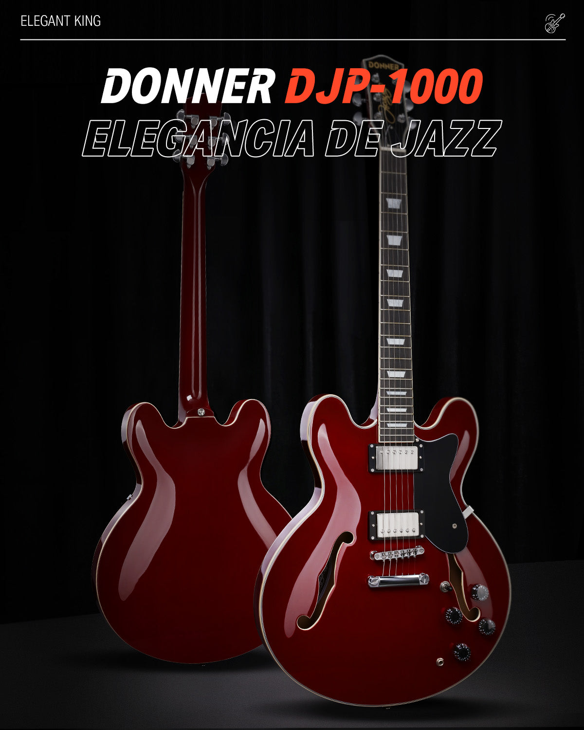 Donner DJP-1000 Guitarra Eléctrica Semi Hueca, Dos Pastillas H, Guitarra Eléctrica Estilo Jazz con Bolsa, Cable y Tahalí.