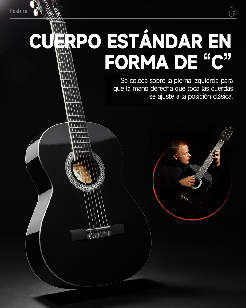 Donner DCG-162D Guitarra clásica de 39 pulgadas, tamaño completo, guitarra acústica negra, kit de paquete para principiantes, abeto, caoba, con estuche de conciertos, reposapiés, adultos y jóvenes