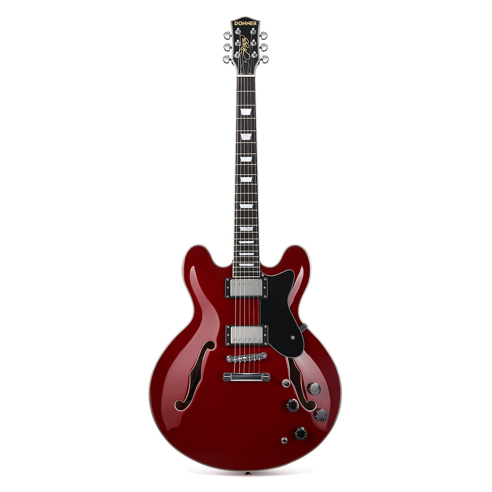 Donner DJP-1000 Guitarra Eléctrica Semi Hueca, Dos Pastillas H, Guitarra Eléctrica Estilo Jazz con Bolsa, Cable y Tahalí.