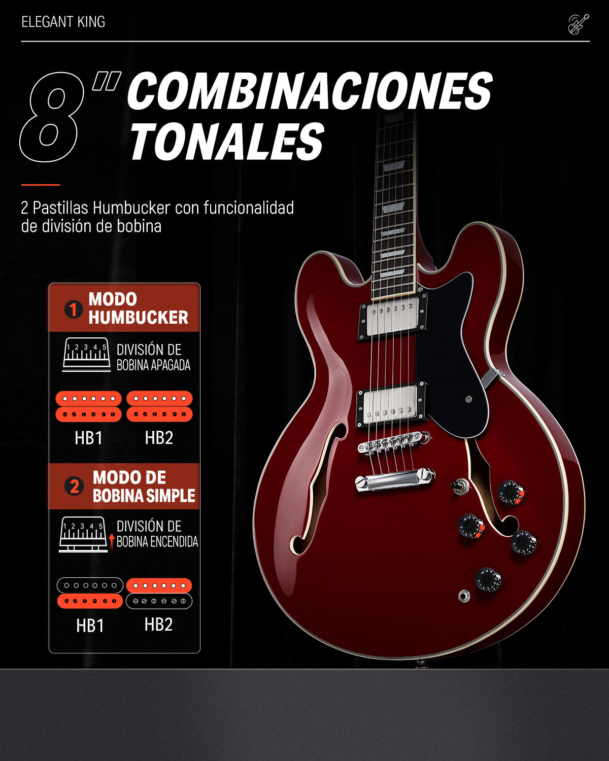 Donner DJP-1000 Guitarra Eléctrica Semi Hueca, Dos Pastillas H, Guitarra Eléctrica Estilo Jazz con Bolsa, Cable y Tahalí.