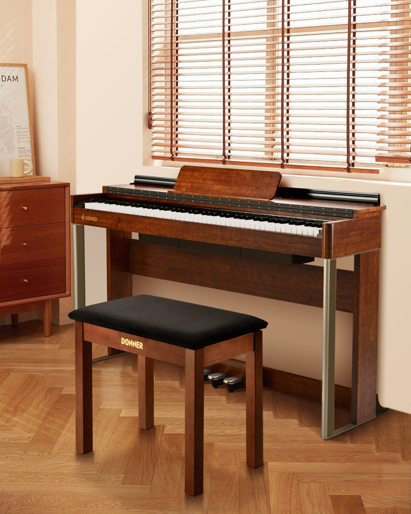 Donner DKB-10 Banco de piano marrón de cuatro patas de madera maciza abatible con librero donner music mexico