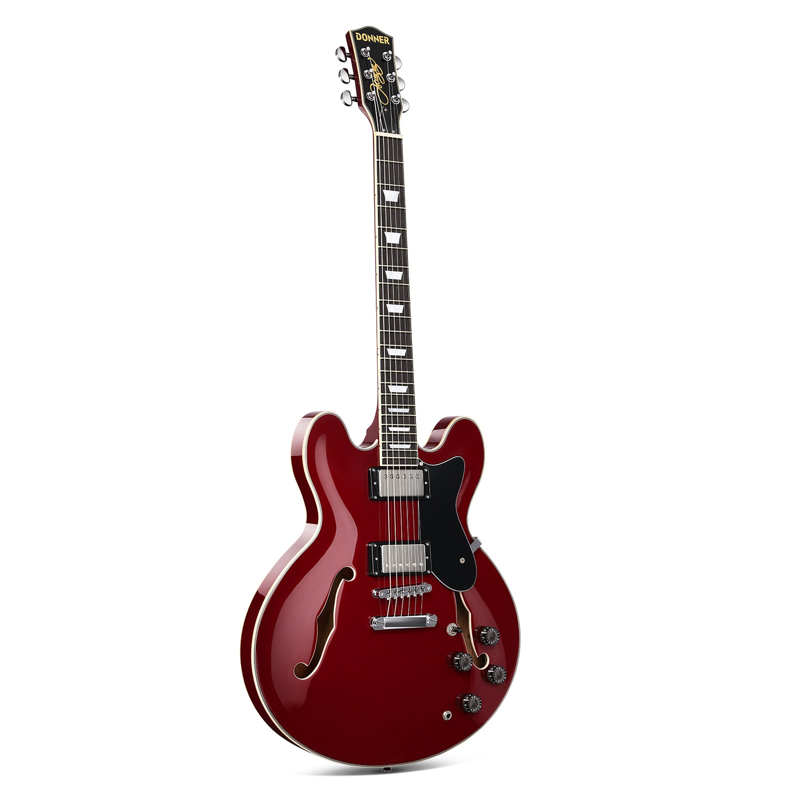Donner DJP-1000 Guitarra Eléctrica Semi Hueca, Dos Pastillas H, Guitarra Eléctrica Estilo Jazz con Bolsa, Cable y Tahalí.