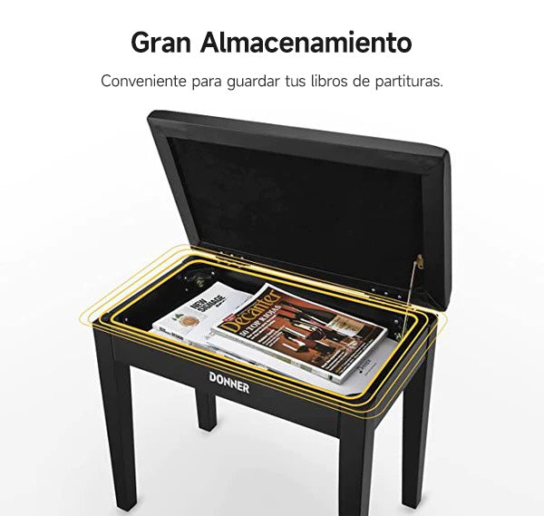 Donner Banco para piano de madera maciza con almacenaje Negro donner music mexico