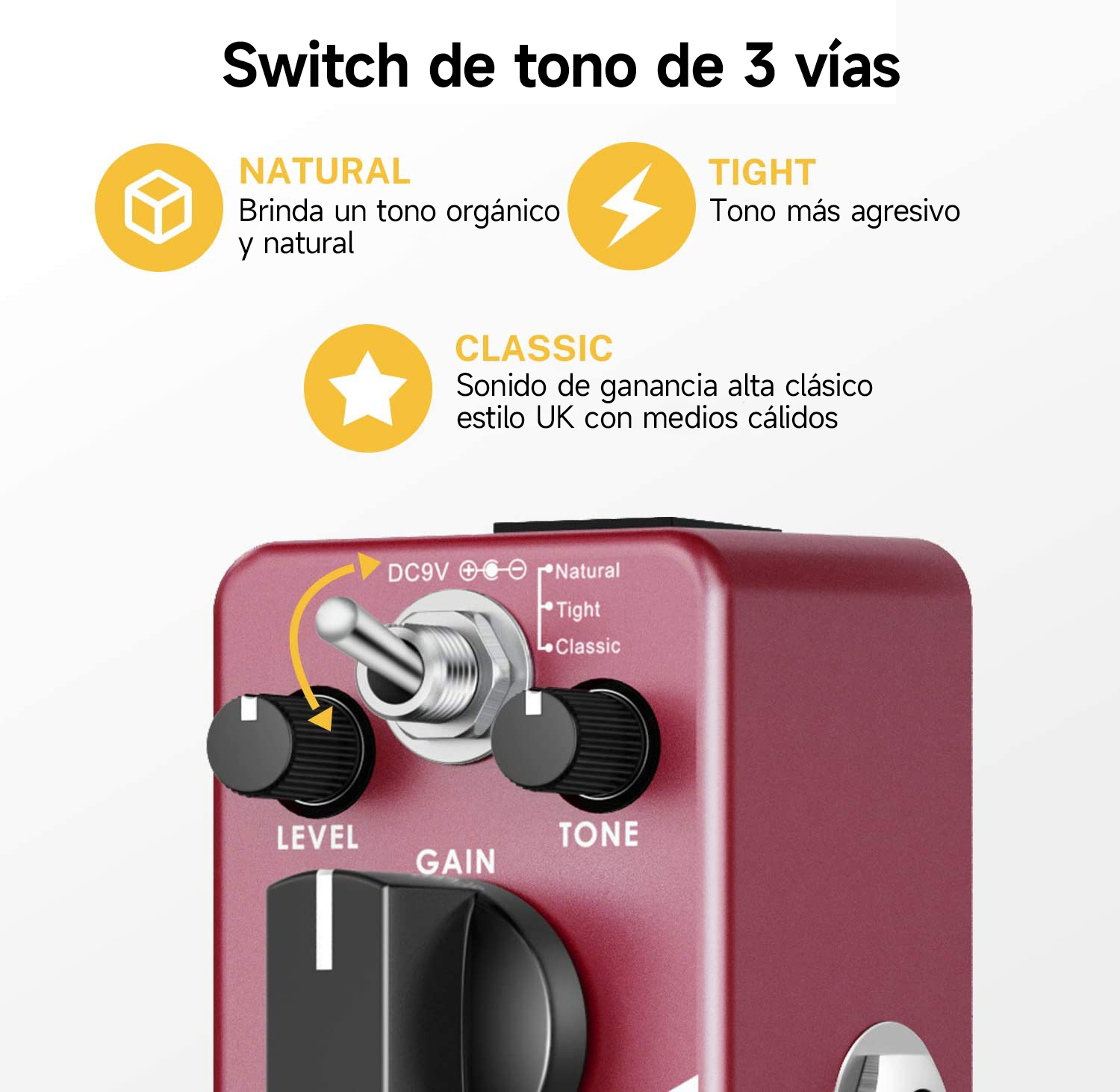 Donner efecto de ganancia de pedal de distorsión morpher con tres nudos de nivel de control