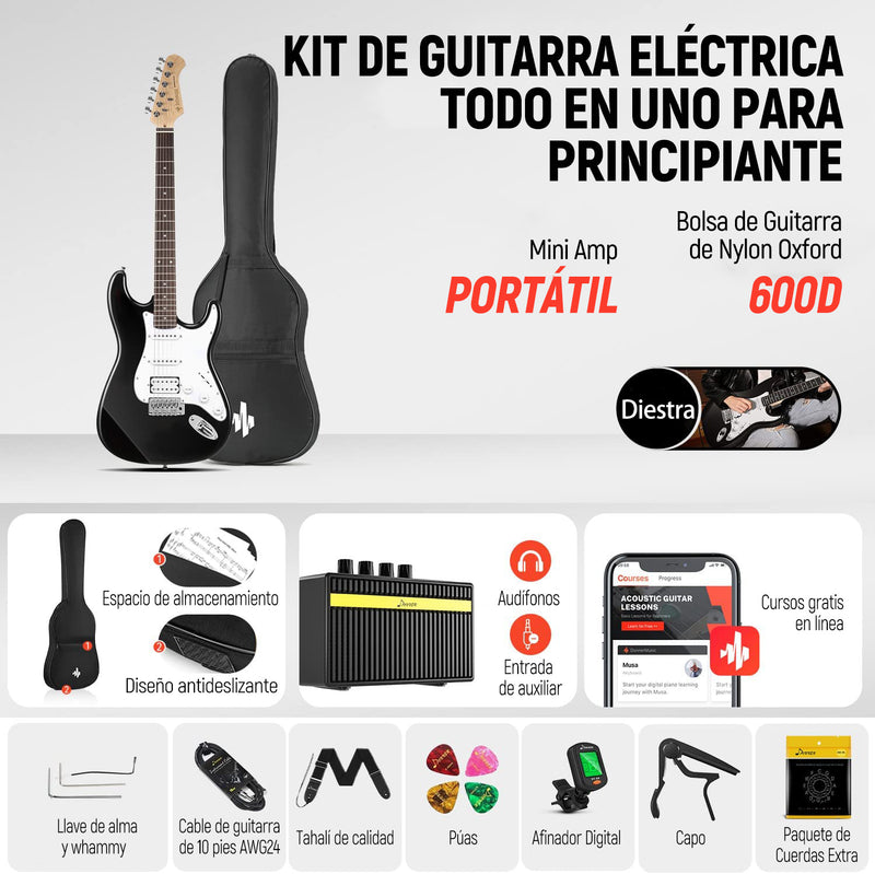 Donner DST-100B Guitarra Eléctrica Tamaño Completo con Amplificador/Bolsa/Afinador Digital/Capo/Tahalí/Cuerdas/Cable/Púas Negro