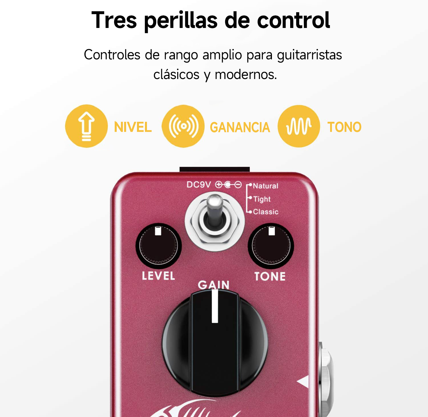 Donner efecto de ganancia de pedal de distorsión morpher con tres nudos de nivel de control