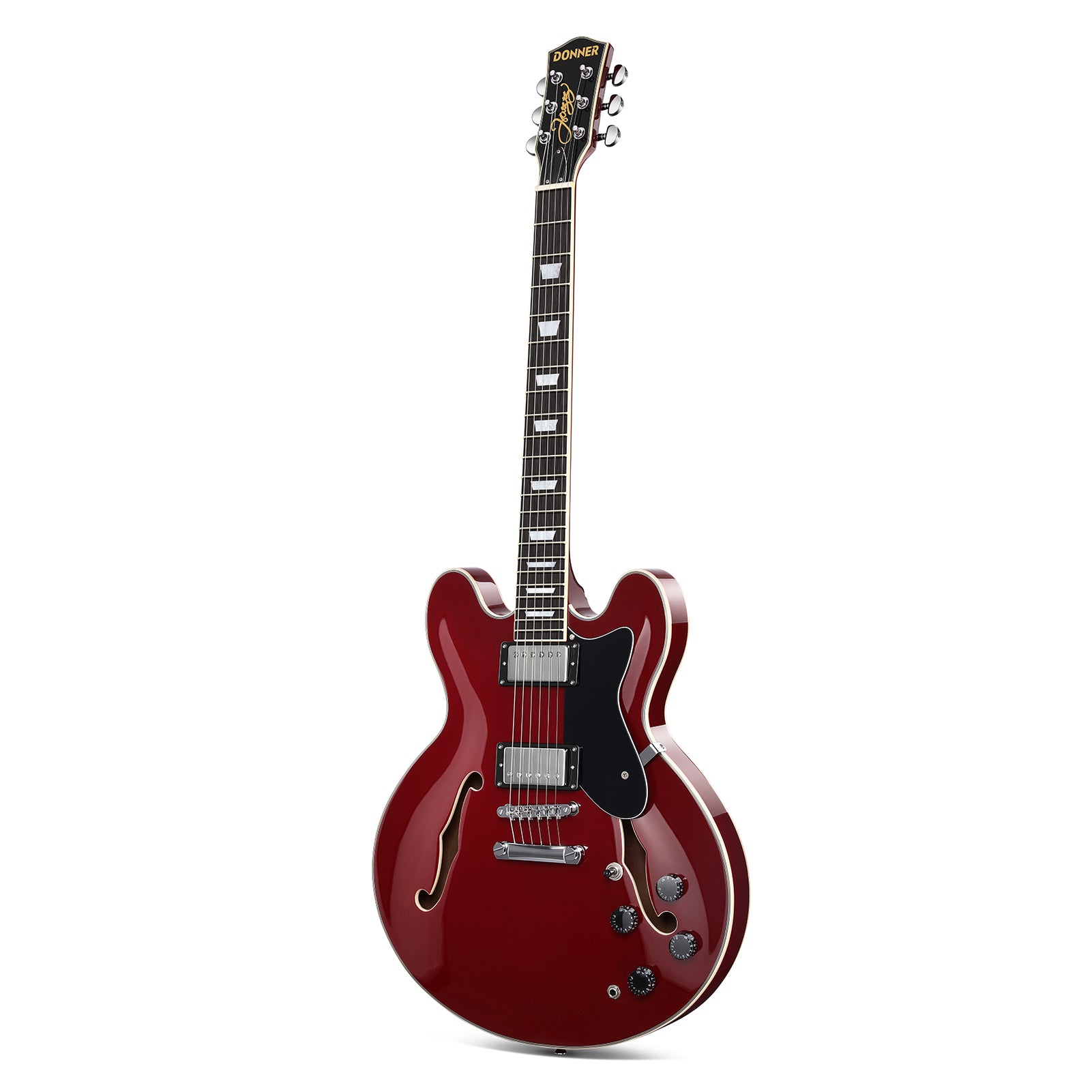 Donner DJP-1000 Guitarra Eléctrica Semi Hueca, Dos Pastillas H, Guitarra Eléctrica Estilo Jazz con Bolsa, Cable y Tahalí.