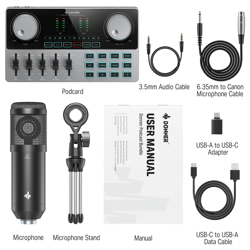 Products Donner Conjunto de equipos de podcast: interfaz de audio con mezclador de tarjeta de sonido y kit de micrófono XLR-6.35 mm