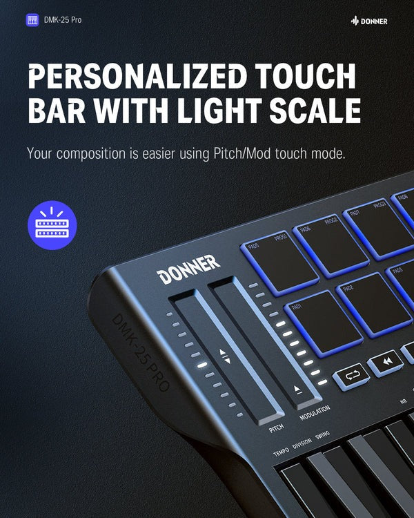 Donner DMK-25 PRO Controlador MIDI con Touch Bar Personalizada, Software de Producción Musical Gratis/40 Cursos Gratis, Negro